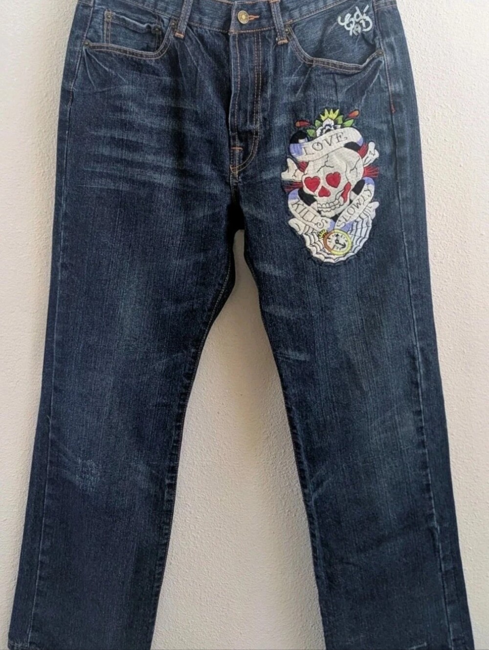 Ed Hardy Jeans Love Kills Slowly Mens 32x32 Y2K Vintage Button Fly Dark Wash